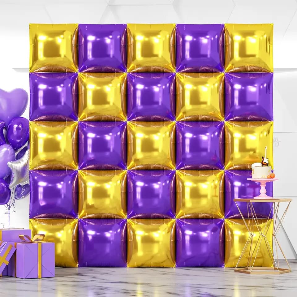 NISOCY 25PCS Purple and Gold Square Foil Balloons Wall Backdrop