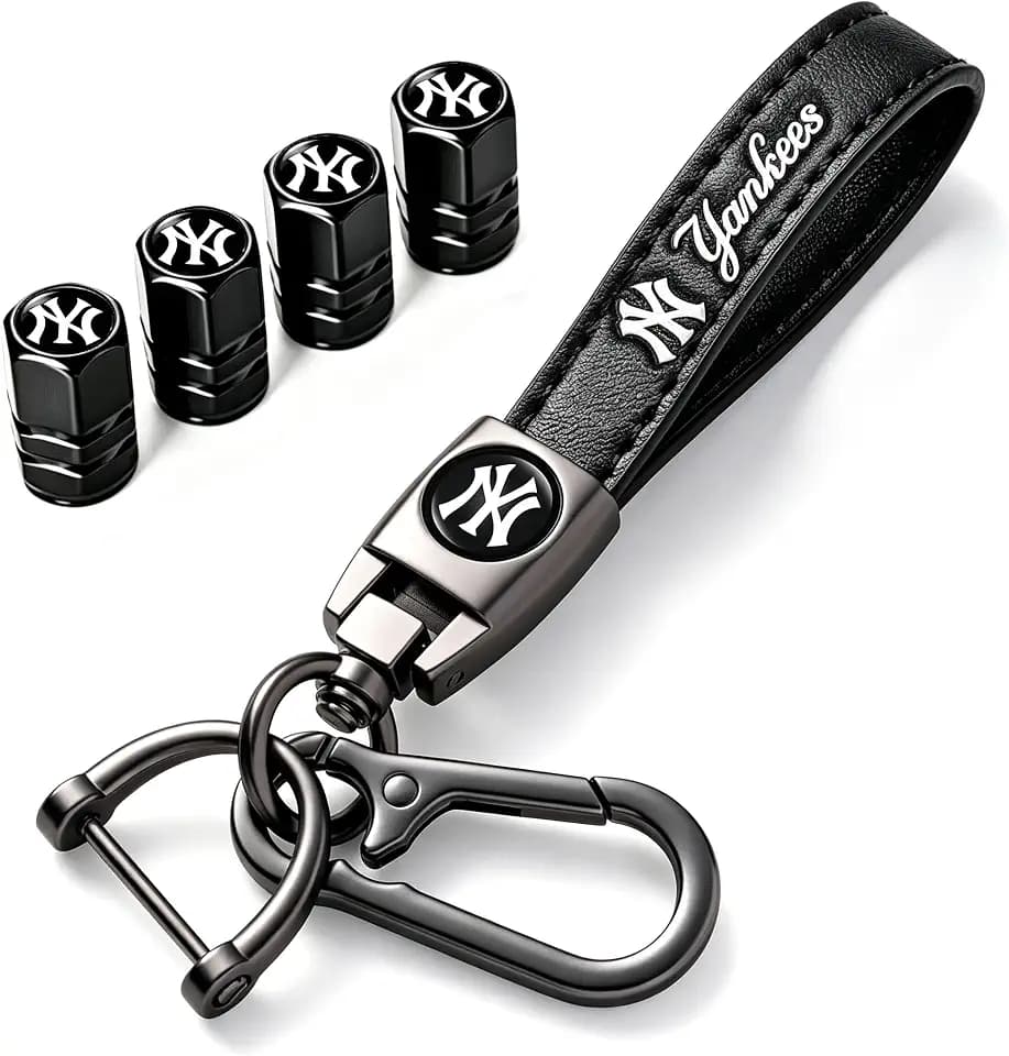Car Keychain and Tire Valve Stem Caps Combo for New York Yankees Baseball Fans, Genuine Leather Keyring and Valve Stem Caps Compatible with Key Fob Holder, Gifts for Men Women and Family, NY Yankees