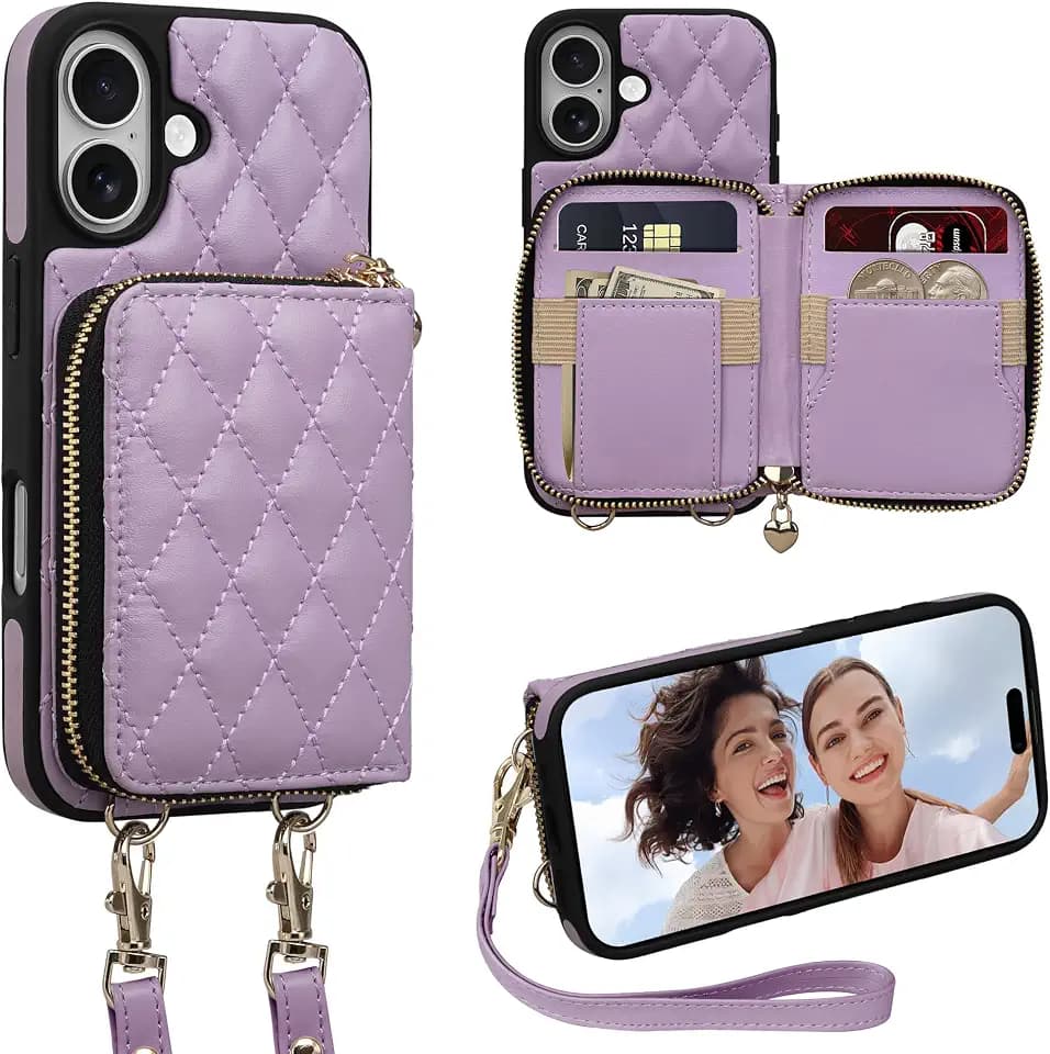 Case for iPhone 17 6.3'' Wallet Case, Crossbody Zipper Purse with Wrist Strap Lanyard Handbag, RFID Blocking Card Holders, Kickstand Flip Leather Cover for iPhone 17, Purple