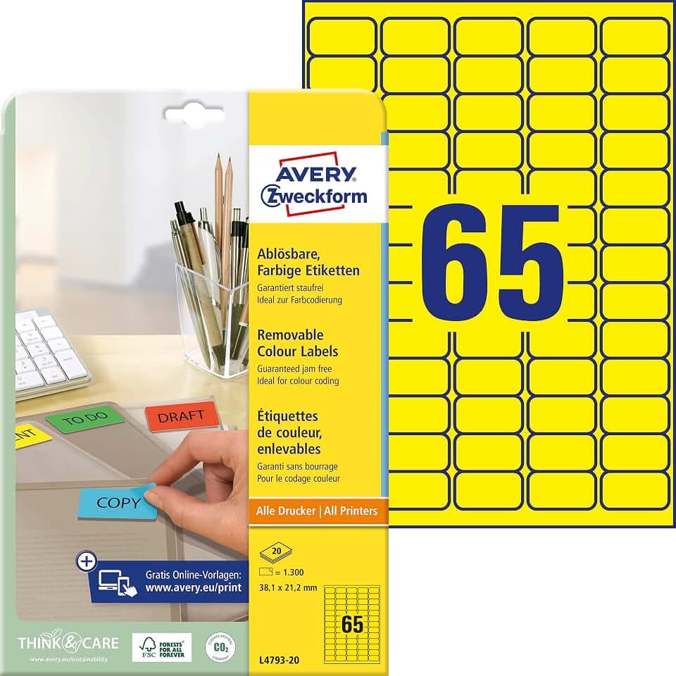 AVERY Zweckform L4793-20 Gelbe Etiketten (1.300 Aufkleber, 38,1x21,2 mm auf A4, wieder rückstandsfrei ablösbar, selbstklebende Farbetiketten, Papier matt, bedruckbare, farbige Klebeetiketten) 20 Blatt