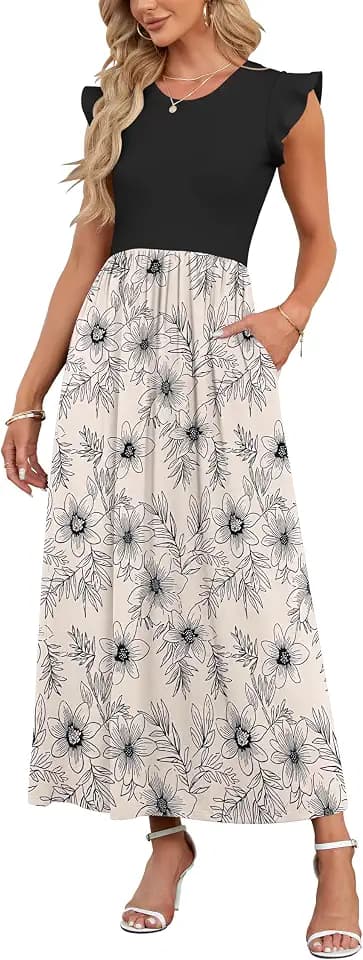 AUSELILY Sommer Maxikleider Dame mit Taschen Hohe Taille Lang Strandkleid