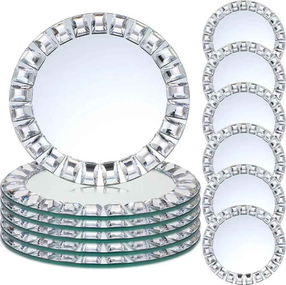 12 Pcs 12 Pcs Silver Mirrored Glass Charger Plates 13", Square Diamond Rim