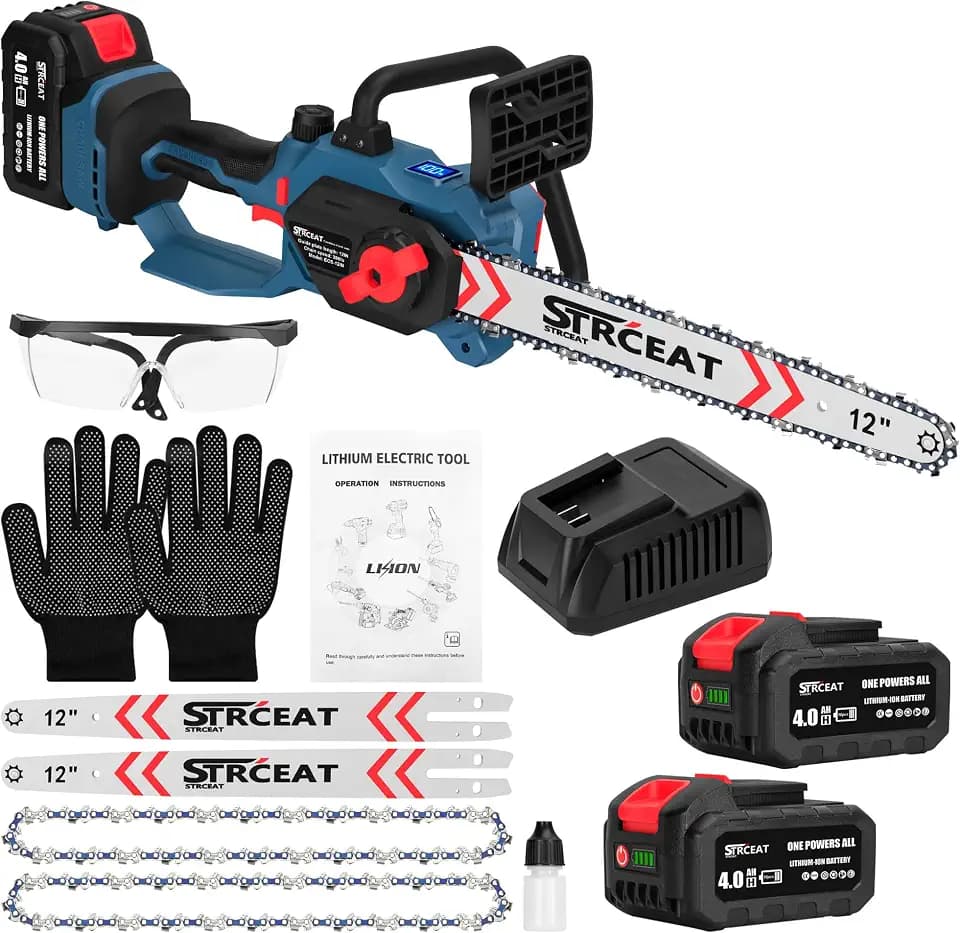 12" Brushless Cordless Chainsaw, Hand Held Cordless Chain Saw with 2 x 4.0Ah Battery, Portable Small Mini Chainsaw with 2 x Chain Guide, Electric Motosierra for Wood Cutting Tree Pruning (Blue)