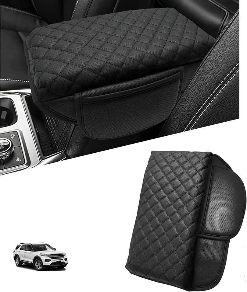 Center Console Cover for Ford Explorer 2026 2025 2020-2024 Accessories 1.2in Thickness Armrest Cover Leather Arm Rest Box Lid Protector Cushion Pad Middle Console Cover with Side Pockets(Black Stitch)