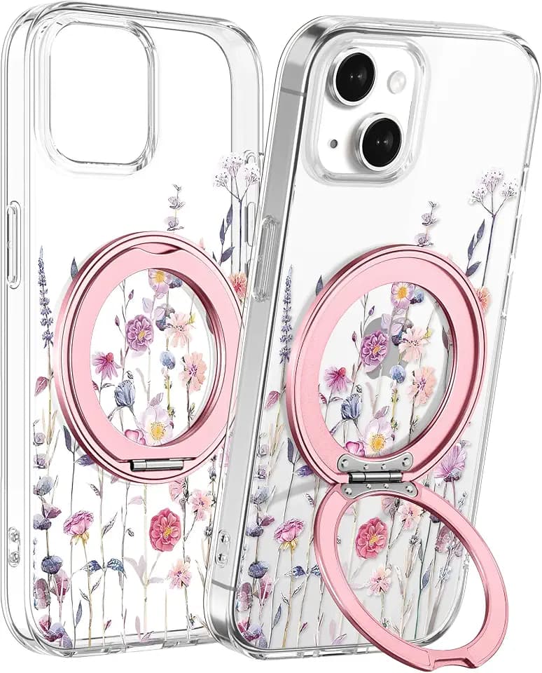 Loheckle Clear Case for iPhone 15 with Stand, Purple Flower