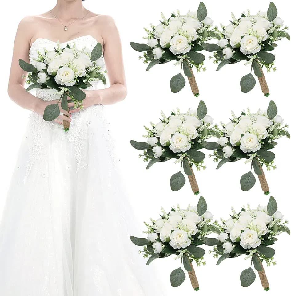 Set of 6 Bridesmaid Bouquets for Wedding - 7 Inch Artificial Ivory Flower Bouquet for Party Ceremony Anniversary Dinning Table Centerpieces Decor - Ivory