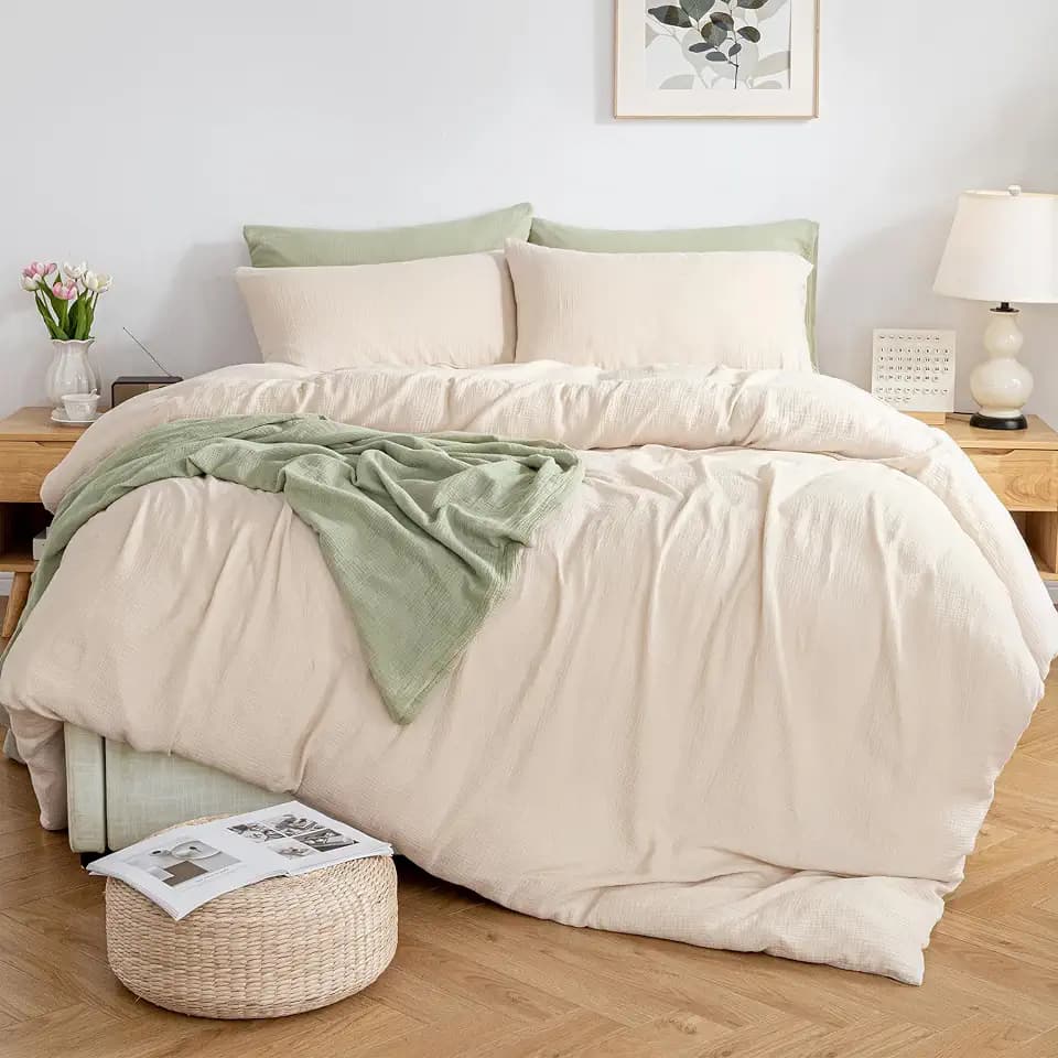 MILDLY Muslin Duvet Cover Queen - 100% Washed Cotton Linen Like Gauze Comforter Cover 3 Pieces Breathable & Lightweight for All Season