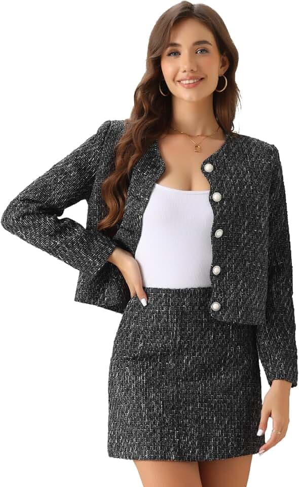 Allegra K Tweed Blazer Set für Damen Elegant Arbeit 2 Stück Blazer Rock Anzug