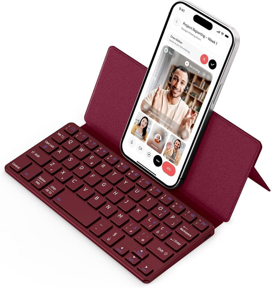 CACOE Mini Bluetooth Tastatur mit Ständer für Handy, Ultraflache Tragbare, Faltbare, Dual-Channel Italienisch Tastatur mit Stellhalterung für Smartphone und mehr iOS Android Windows, Rotwein