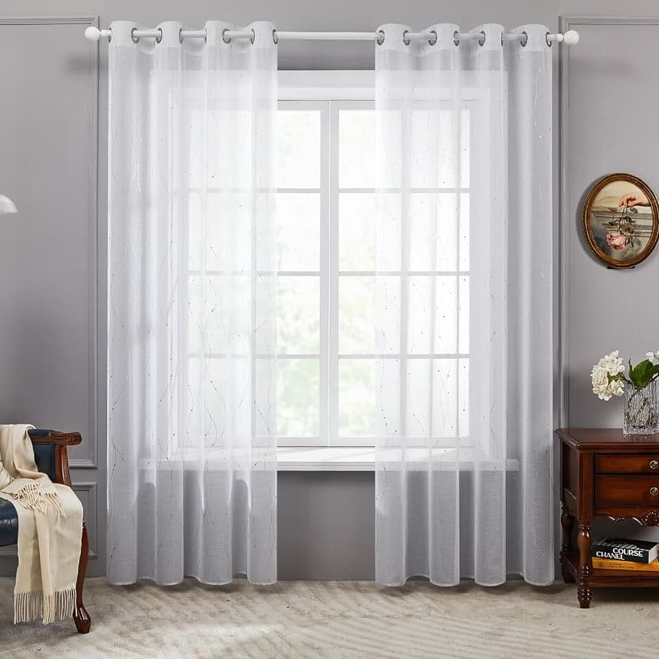 Deconovo Gardinen Weiß Vorhang Transparent Leinenoptik Ösenvorhang Voile Ösenschal Wohnzimmer, 215x140, Welle