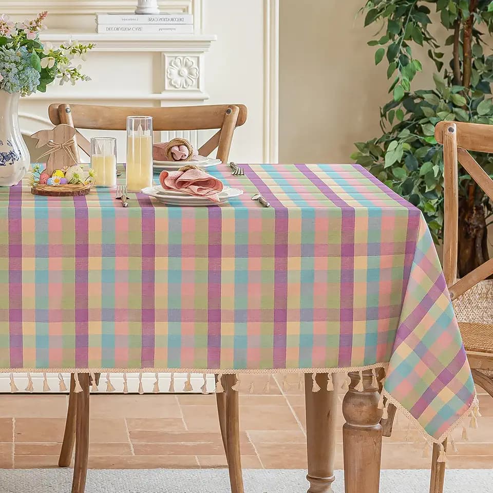 JIALE Easter Gingham Tablecloth Cotton Linen Fabric Colorful Checkered Table Cloth with Tassel, Washable Wrinkle Free Buffalo Plaid Table Cover for Spring Summer Dining Party, Multi Purple, 55X120''