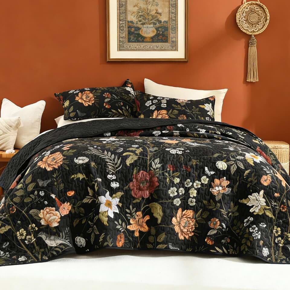 Litanika Floral Black Quilt California King - 3Pcs Summer Boho Bed Set