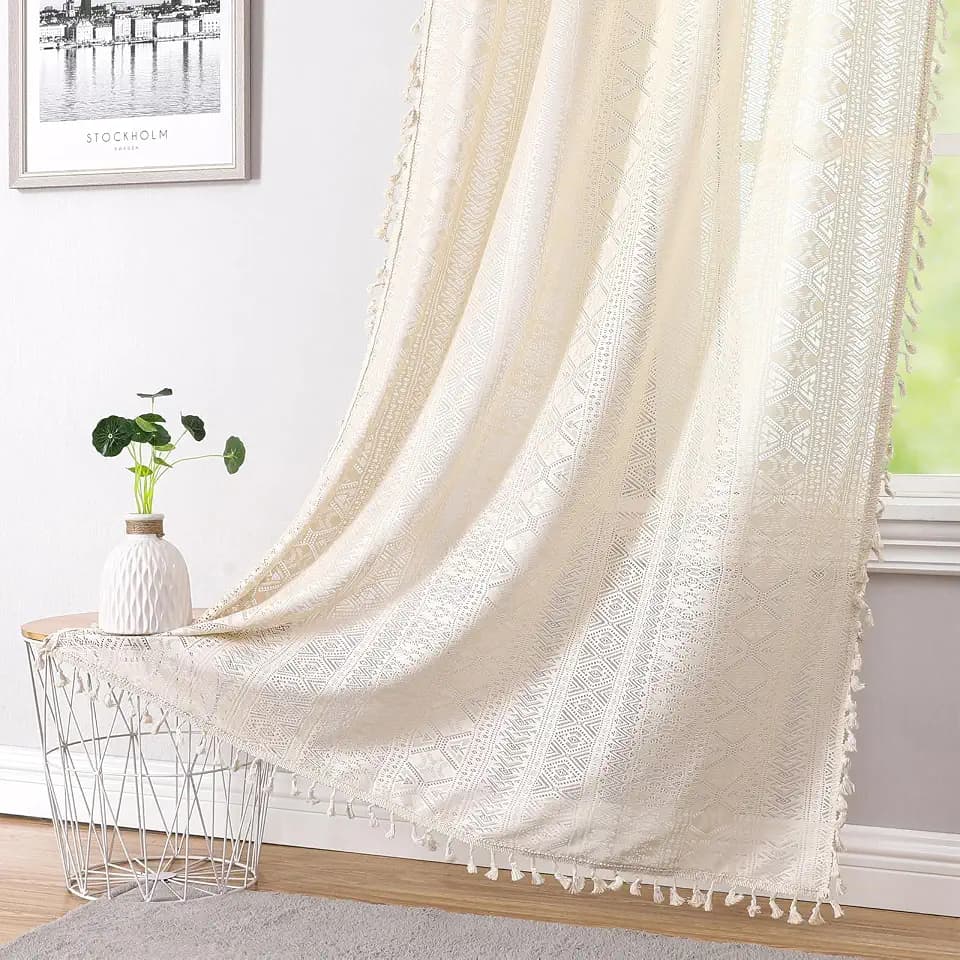 Beige Boho Sheer Lace Window Curtains with Tassel, 40" Wx84 Lx2