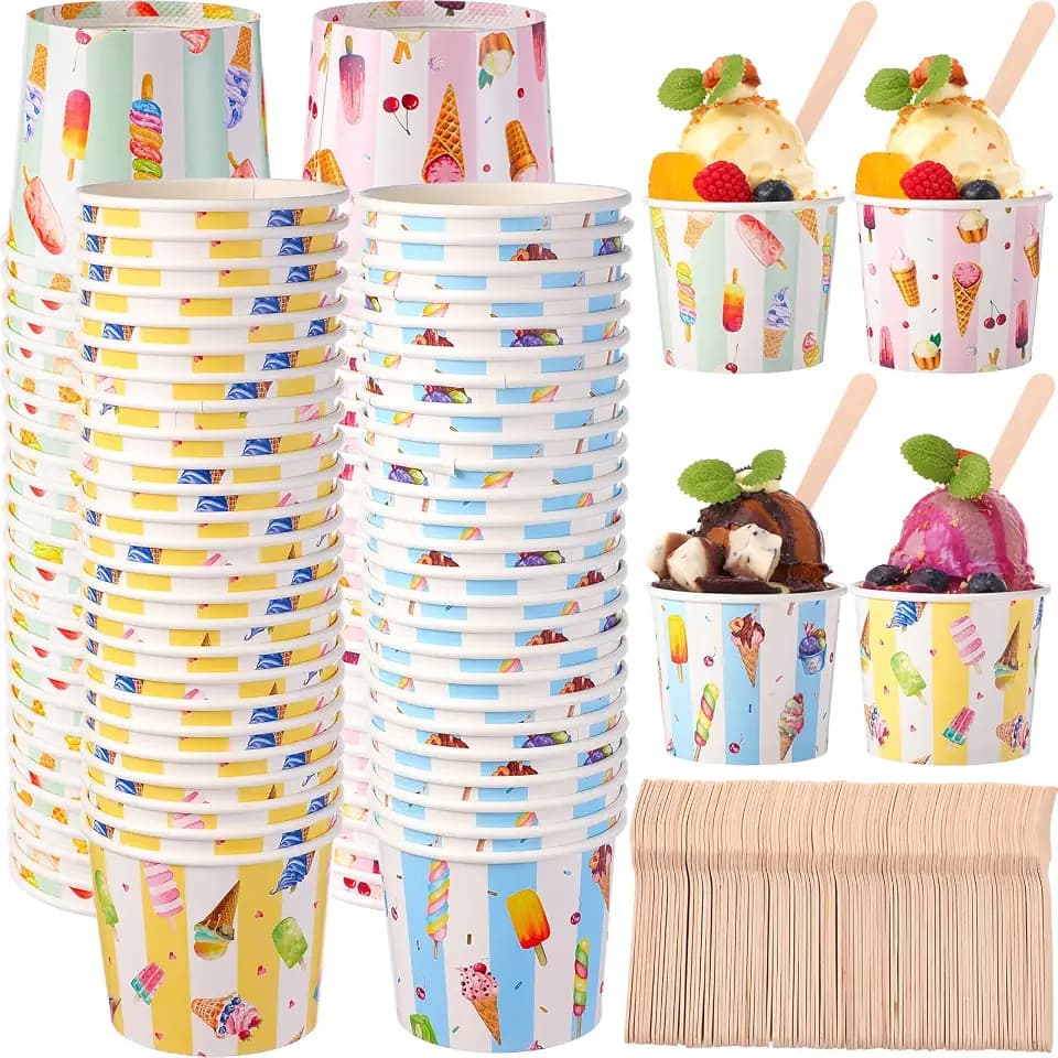 100 Sets Ice Cream Cups with Spoons 6 oz Disposable Bowls