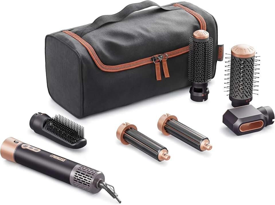 Princess Airstyler Plus, 6-in-1 Styling-Tool mit DC-Motor, 3 Heizstufen, 2 Geschwindigkeiten, LED-Anzeige, 6 Aufsätze, Handschuh & Aufbewahrungstasche, 1000 W, 529215