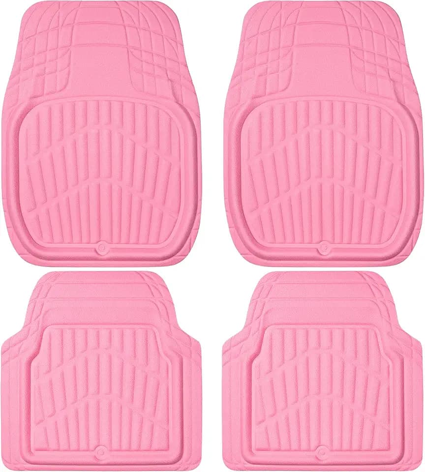 CAR PASS 4 Piece Leather Car Floor Mats -3D Cute Girly Waterproof All Weather Car Mat Full Set, Universal Trim to Fit & Anti-Slip Burr Bottom & Light Easy Clean for SUV Truck Auto Sedan Van(Pink)