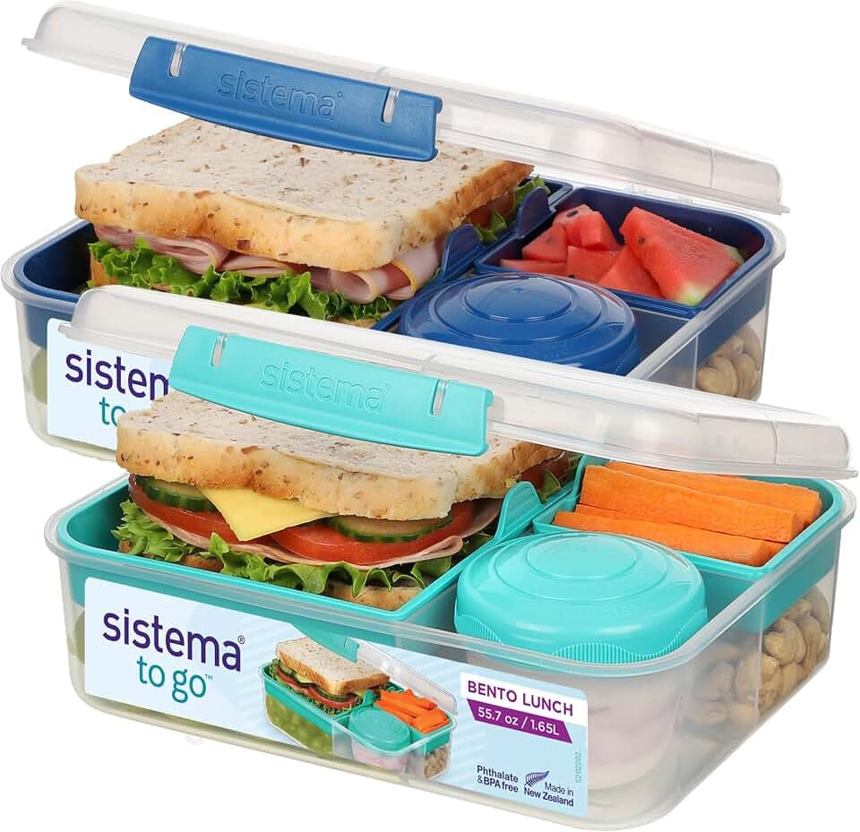 Sistema TO GO Bento-Box Cubes | 1,65 L | Brotdose für Pause mit Fächern und Snackbox | 2 Stück | Minty Teal & Ocean Blue