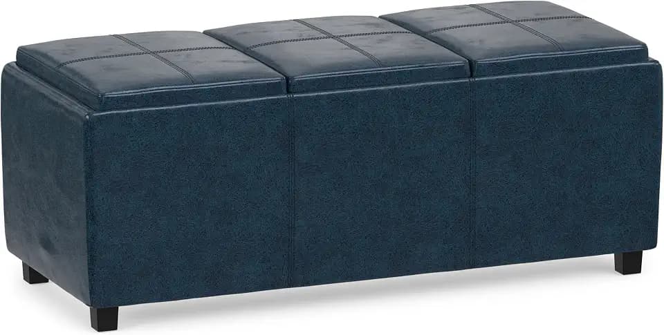 SIMPLIHOME Avalon 42" Wide Vegan Leather Storage Ottoman in Dark Blue
