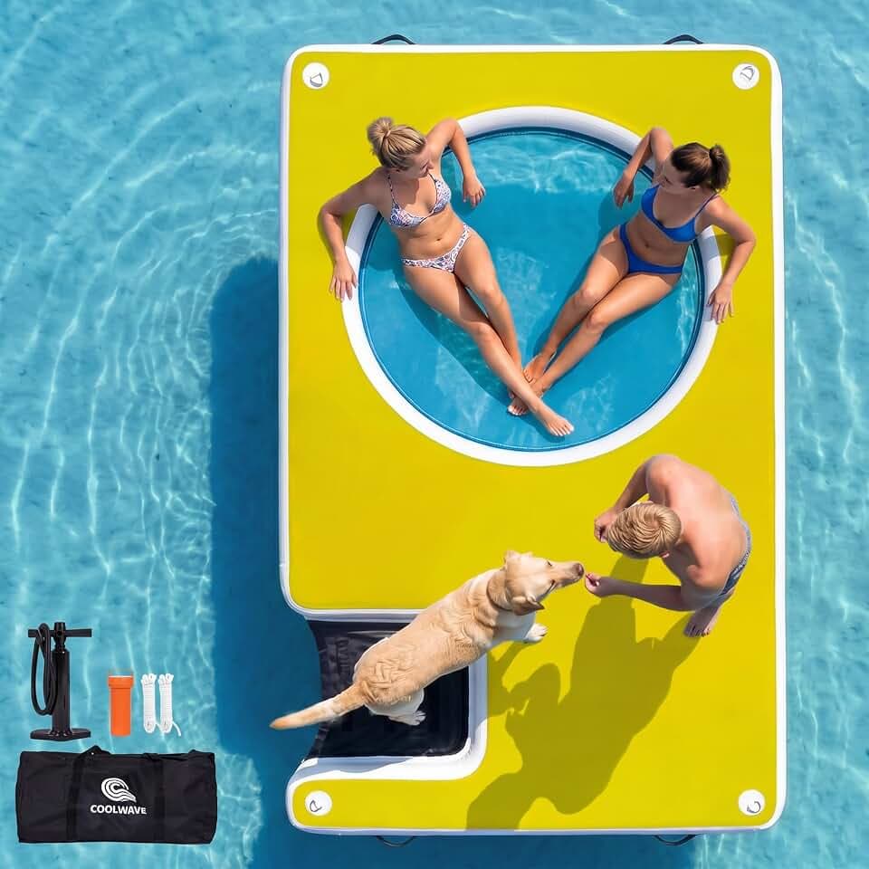 COOLWAVE Inflatable Dock with Dog Ramp 10x6FT Floating Dock with Mesh