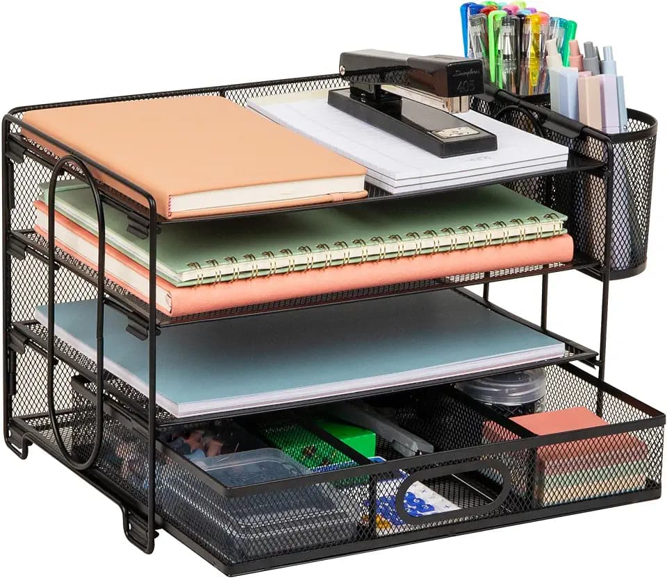 Mind Reader Mesh Desk Organizer, 3 Trays, 1 Drawer, 2 Pen Holders, Office Desktop Organizer, Metal Mesh, Black