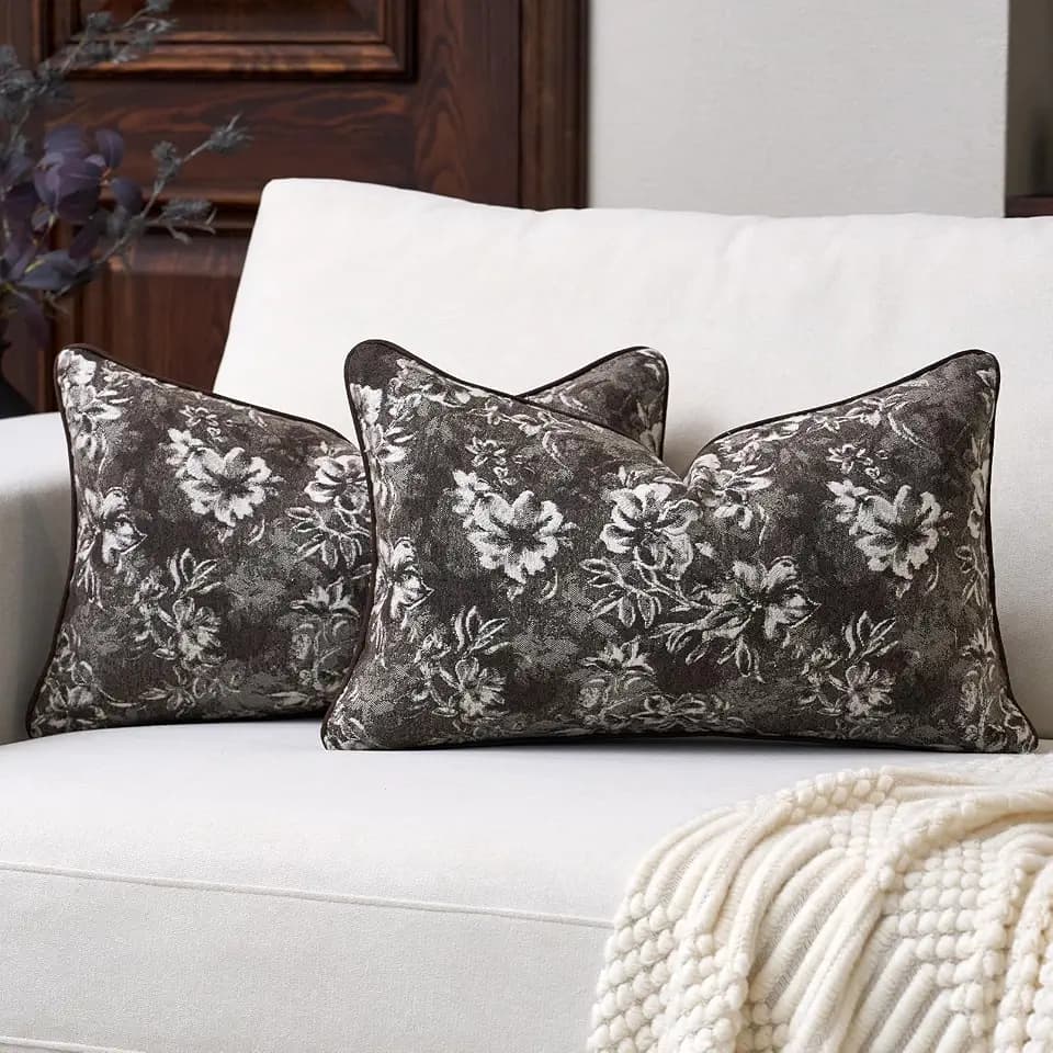 Aeckself Pack of 2 Decorative Chenille Floral Throw Pillow Covers Vintage Couch Pillow Covers 12 x 20 Inch Neutral Farmhouse Cushion Covers Home Decor for Sofa Bed Living Room Light Brown