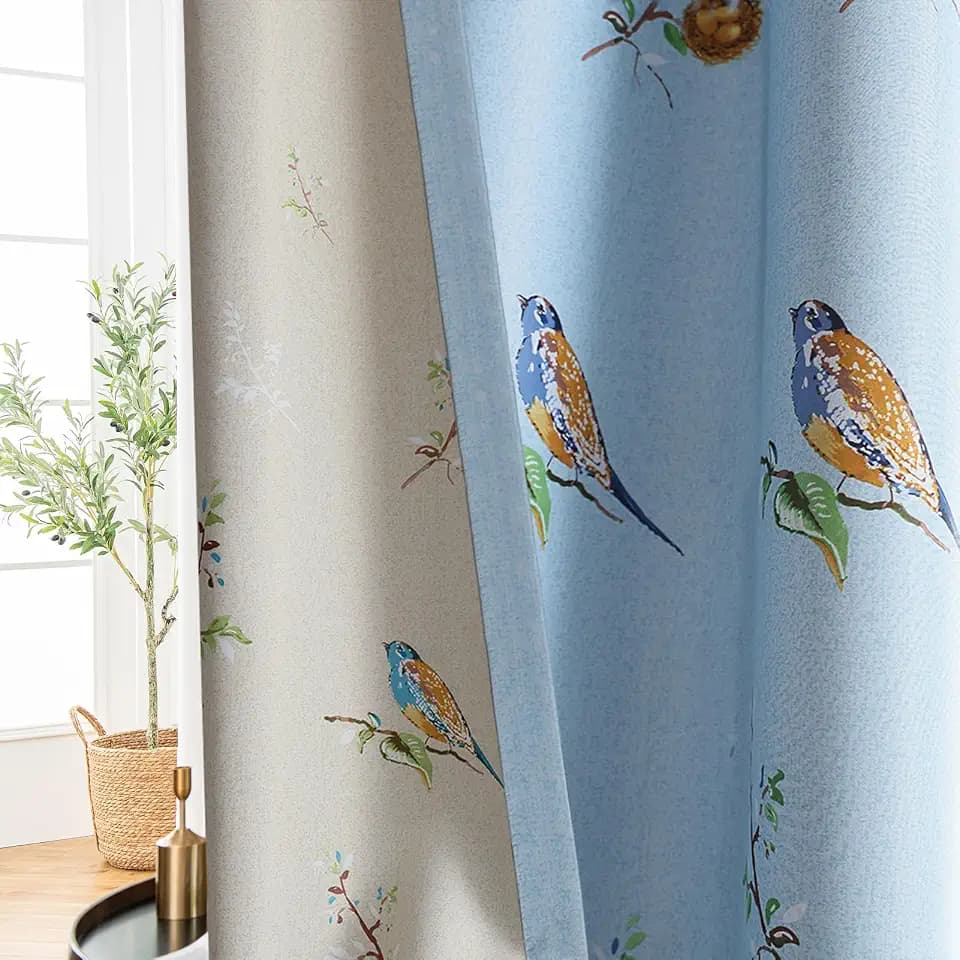 SUOUO Double-Sided Patterned Birds Blackout Curtains 96 Inches 2 Panels