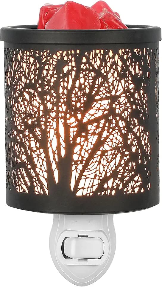 inrorans Wall Plug in Wax Warmer Metal Black Wax Burner with Removable Dish,Fragrance Oil Warmer Night Light for Home Bedroom Room(Black Forest Tree Pattern)