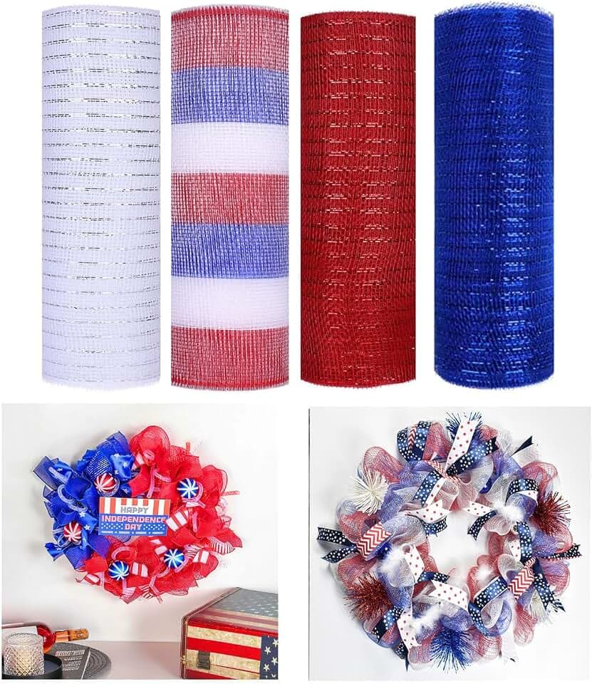 4 Rolls Deco Mesh Ribbon for 4th of July Wreath Making Supplies