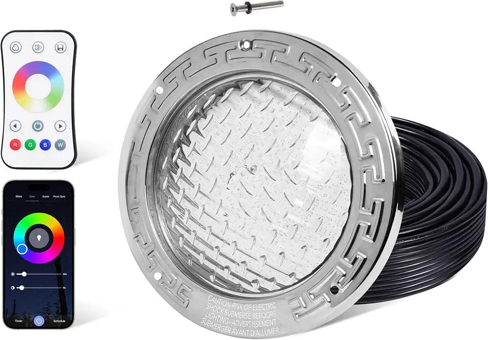 PN01DC LED Inground Pool Lighting System RGBW Color Change 10 Inch 50W, Remote/App Control, 120V AC, 100 Feet Cord