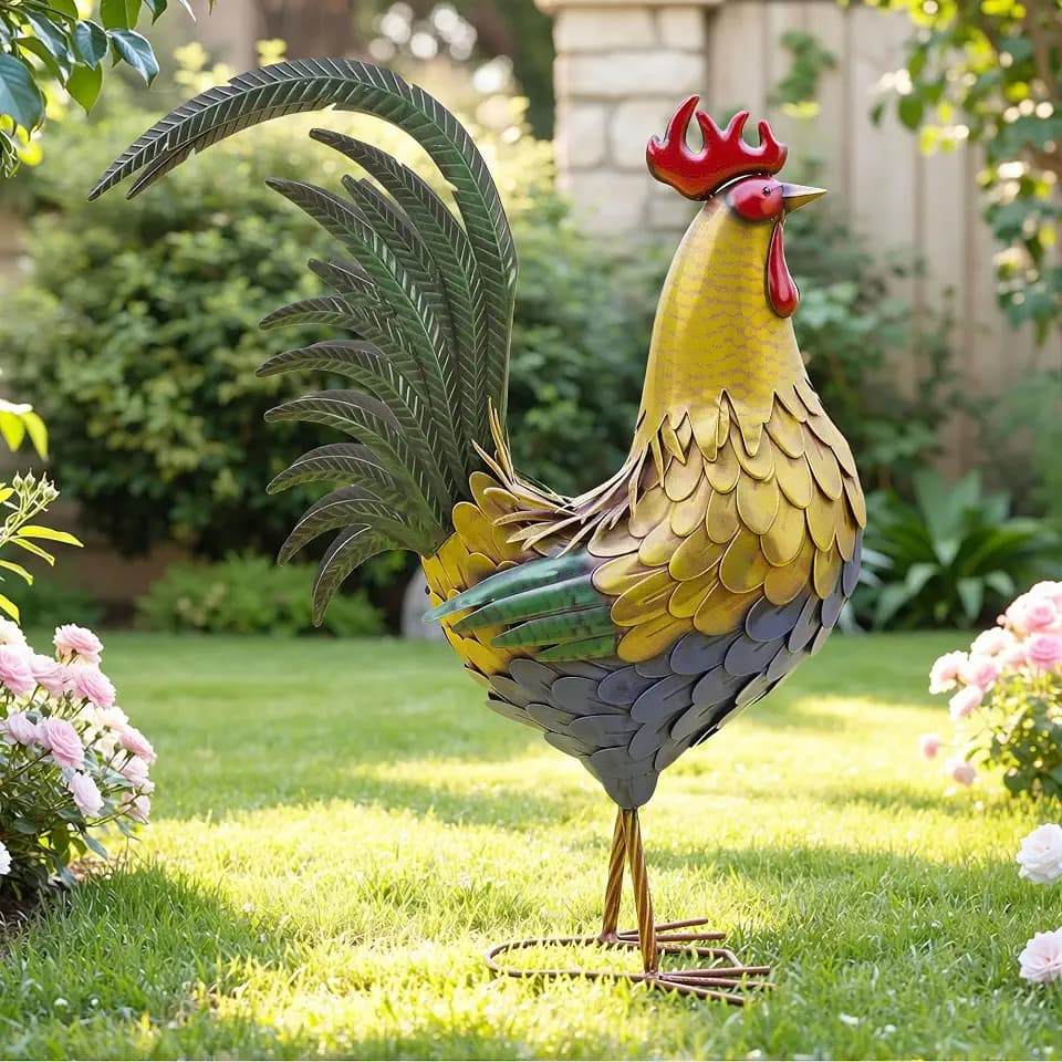 32 in Metal Rooster Statue, Farmhouse Yard & Garden Decor