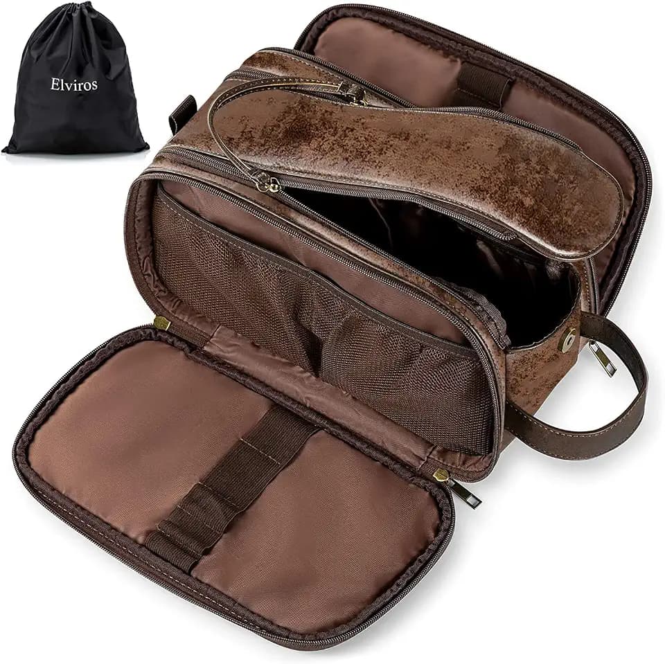 Elviros Toiletry Bag for Men PU Leather Shaving Dopp Kit (Large, Chocolate)