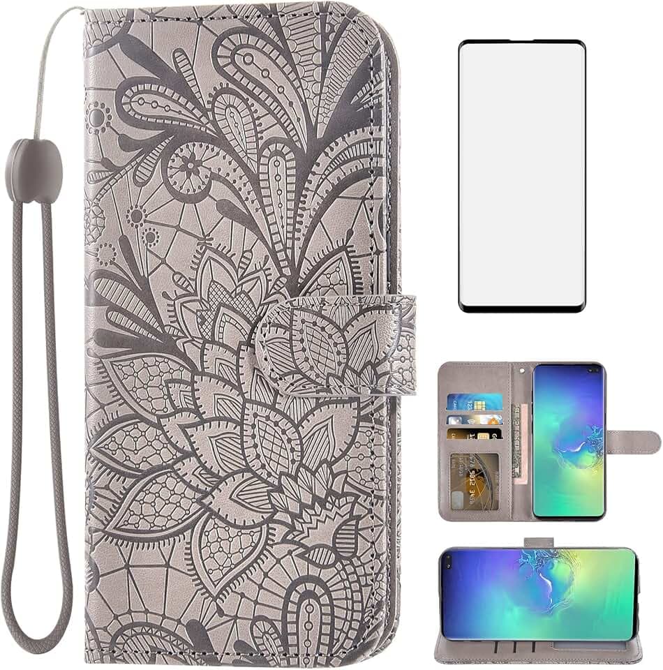 Asuwish Phone Case for Samsung Galaxy S10 Plus with Tempered Glass Screen Protector Cover and Cell Card Holder Slot Stand Lace Wallet Glaxay S10+ Galaxies S10plus 10S Edge S 10 10plus Women Men Grey
