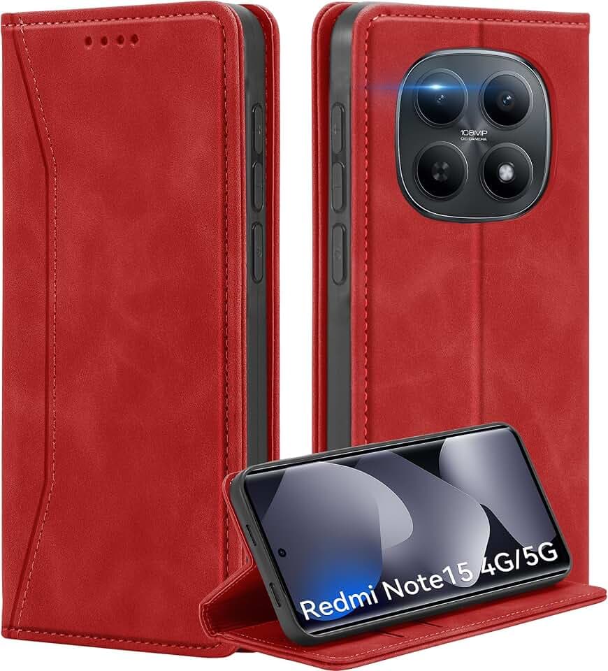 Lederhülle für Xiaomi Redmi Note 15 4G/5G Hülle, Rot
