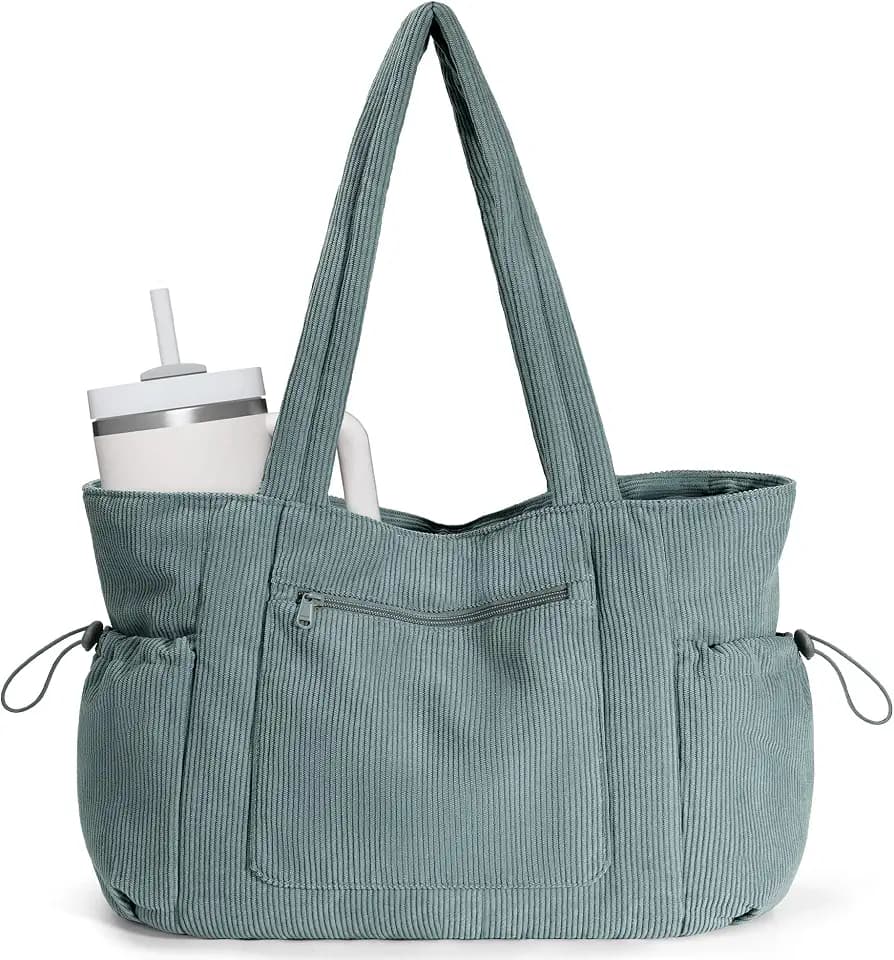 ECOHUB Oversize Work Tote Bag for Women with 40oz Cup Holder Corduroy Laptop Tote Teacher Nurse Bag for Office College Travel