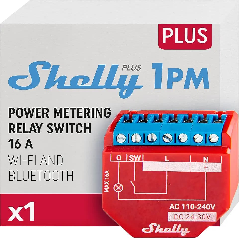 Shelly Plus 1PM | WLAN & Bluetooth Relais Schalter mit Strommessung - 16A | Lichtsteuerung | Funktioniert mit Alexa & Google Home | iOS- & Android-App | Kein Hub erforderlich