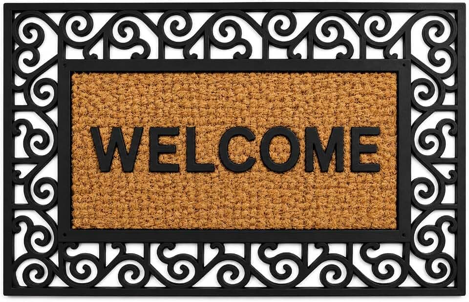Gardenised Natural Coir and Non-Slip Rubber Doormat with Embossed Welcome Design Coconut Fiber Floor Mat for Front Door Porch Patio Entryway Garage Mudroom & Use 18x30, Warm Welcome