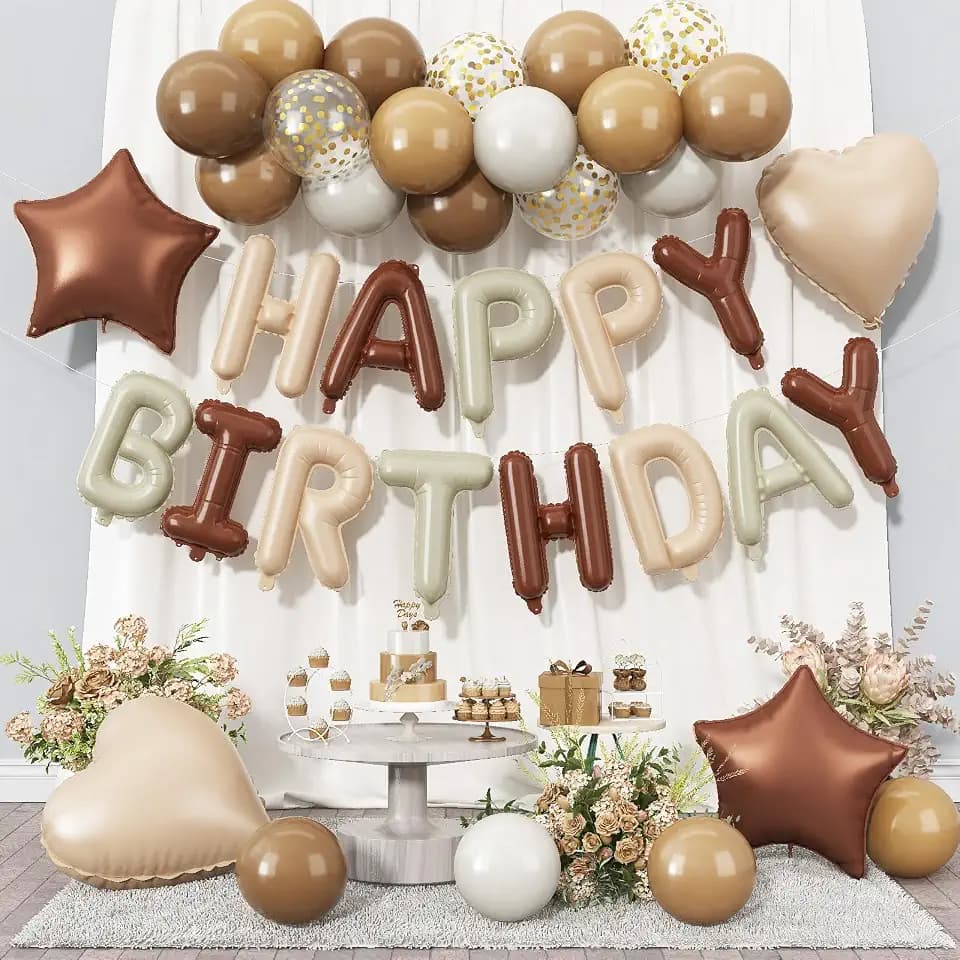 37 Pcs Creamy Tan Happy Birthday Balloon Banner - Neutral Beige Happy Birthday Foil Balloon Brown White Confetti Balloons18 in Foil Balloons for Women Men Kids Boys Girls Party Decorations