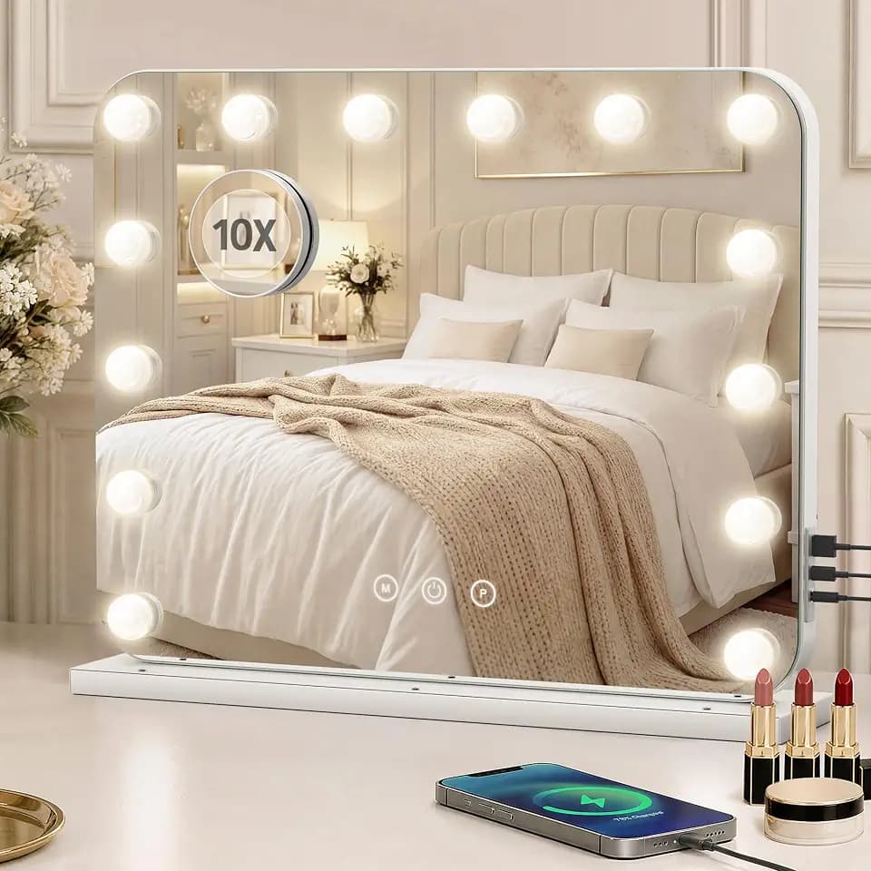 Hollywood Schminkspiegel 50×42cm – EIN Extra großer Schminkspiegel mit 14 dimmbaren Glühbirnen, 3 Beleuchtungsmodi, Touch-Steuerung, USB und Type-C, Tisch- oder Wandmontage