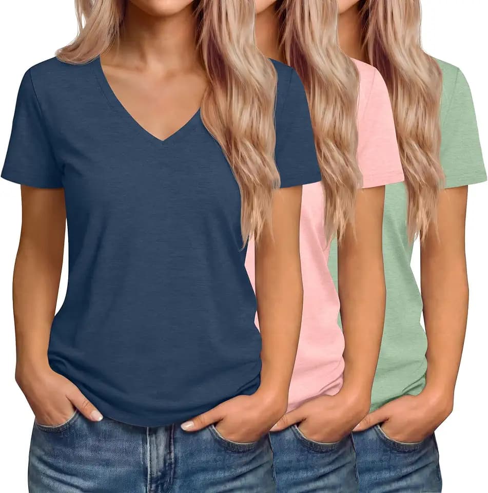 Riyiper 3 Pcs Womens V Neck Loose Fit T-Shirts Short Sleeve Tops