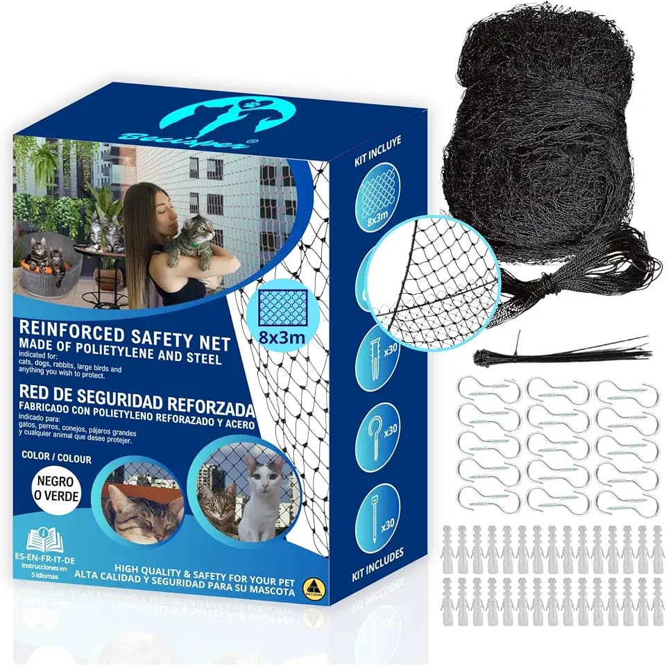 Verstärktes Katzennetz – Katzennetz Terrasse, Katzennetz Fenster und Katzennetz Balkon – Katzensicherheitsnetz Verschiedene Größen und Farben verfügbar (Schwarz, 8X3M)