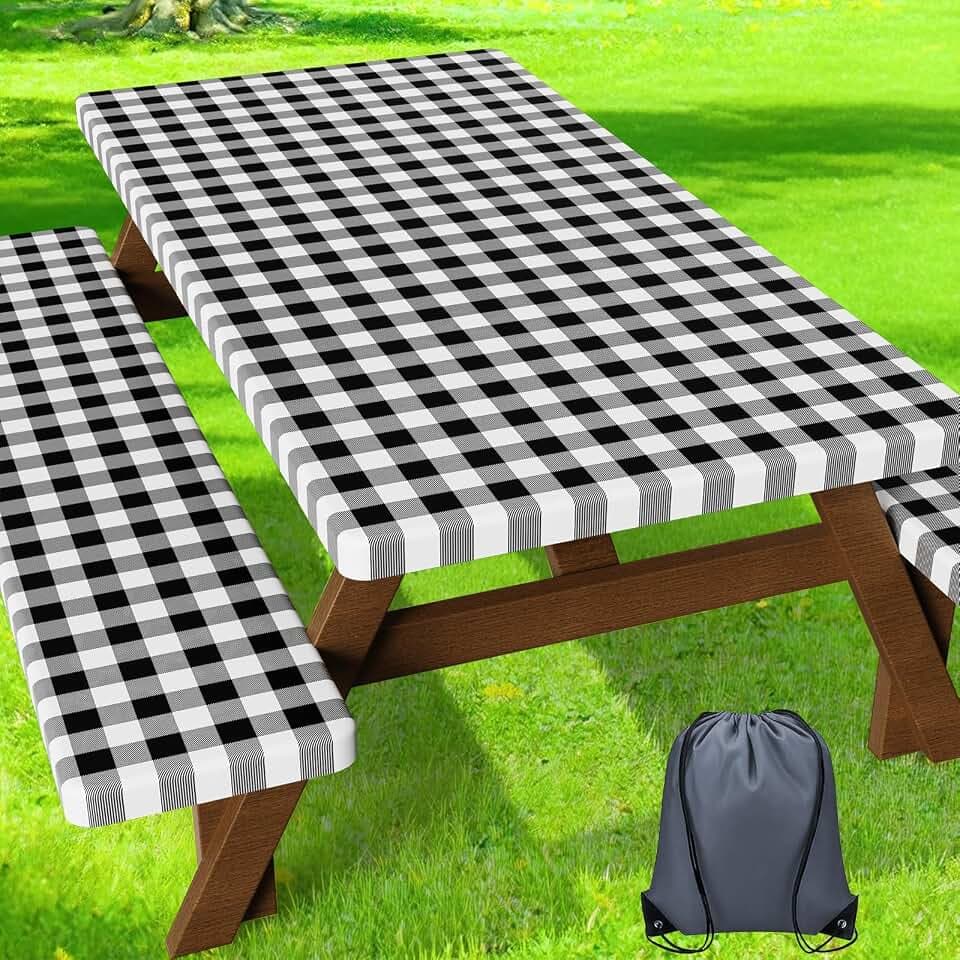 HappyTrends Fitted Picnic Table Cover with Bench Covers, Camping Tablecloth