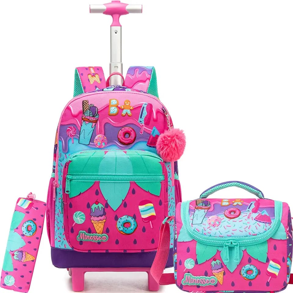 HTgroce Schulrucksack Trolley Mädchen Eiscreme Design – Ergonomischer Schulranzen mit Rollen für Grundschule Kinderrucksack