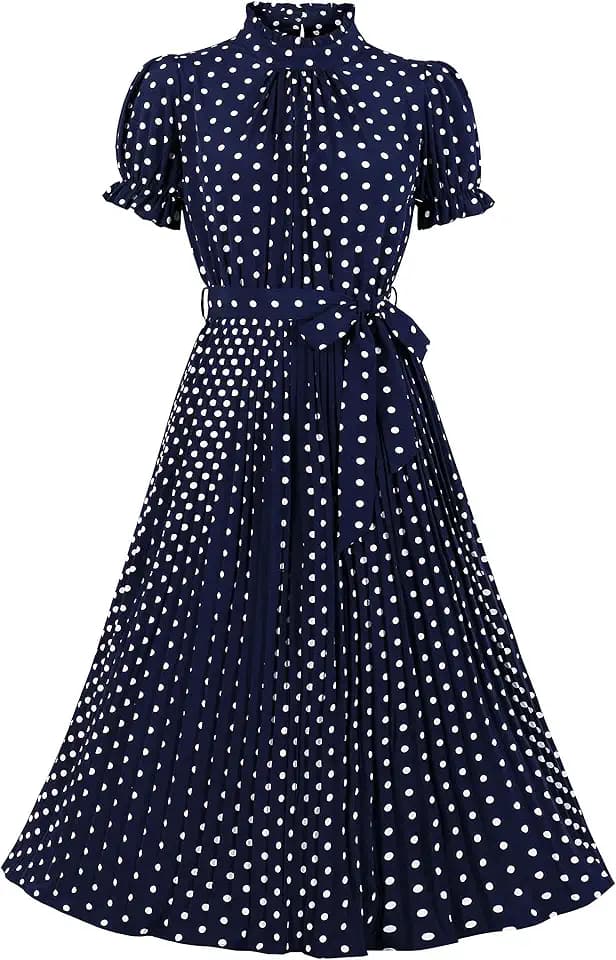 Wellwits Damen Punktmuster Rüsche O Hals Plissee Midi Retrolook Kleid