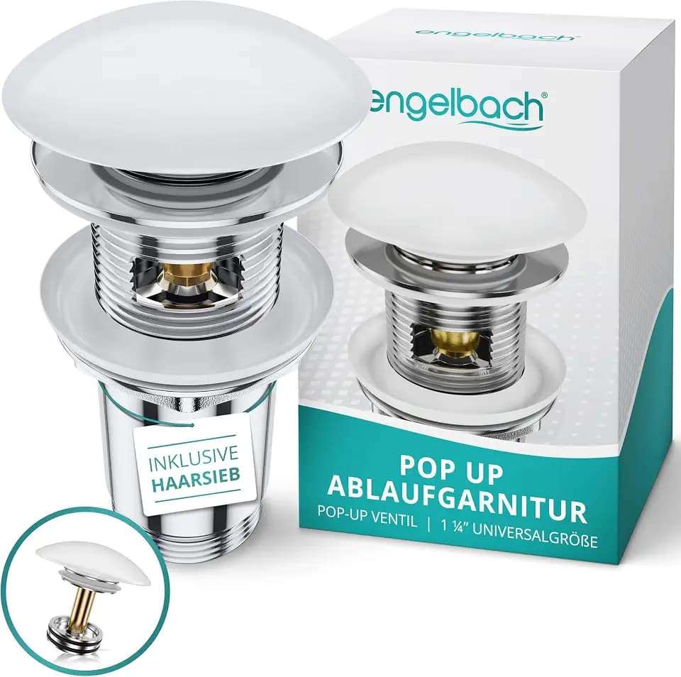 Engelbach® Universal Waschbecken Ablaufgarnitur - Pop up Ablaufventil mit Überlauf (Auch für Waschtische) Herausziehbarer Stöpsel mit Haarsieb - inklusive Einbauanleitung