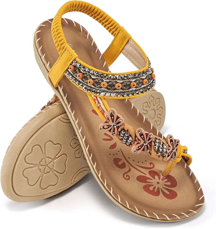 Ablanczoom Flat Sandals for Women Summer: Casual Boho Beaded Toe Ring Dress Shoes - Comfortable Vacation Daily Walking Shoes