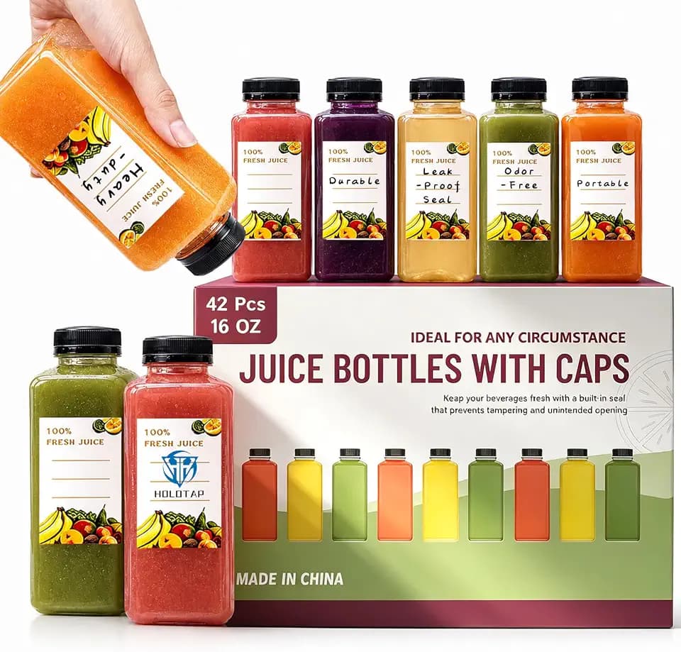 Holotap 42Pcs 16Oz Plastic Juice Bottles with Caps, Empty Plastic Bottles for Juicing,16Oz Juicing Containers with Tamper Evident Caps Ideal for Water and Other Beverages (Black, 16 OZ)