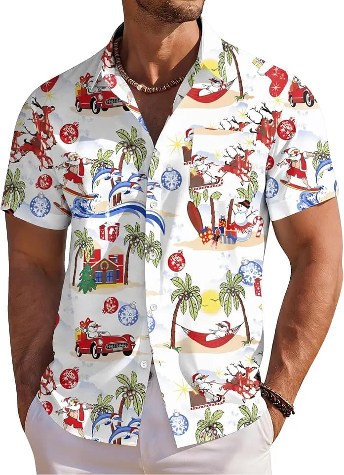 Christmas in July Shirt for Men Christmas Hawaiian T-Shirt Santa Claus Summer Beach Button Down Tops