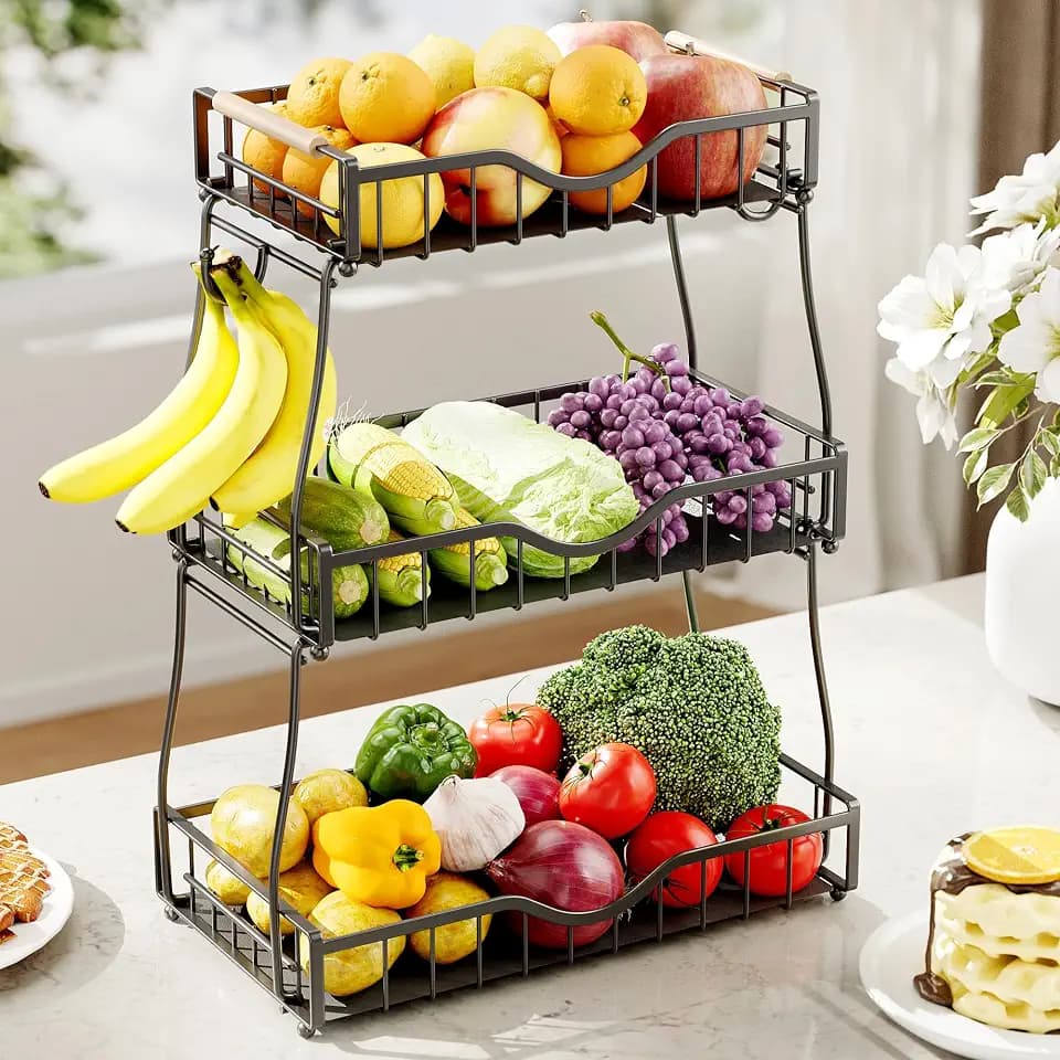 3 Tier Fruit Bowl,Fruit Basket with Banana Hangers,Black
