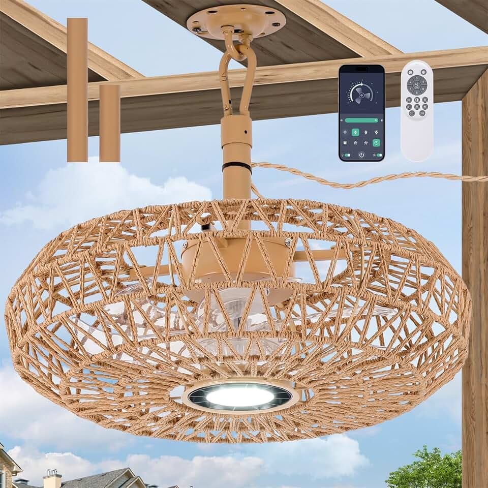 20'' Outdoor Gazebo Fan with Light, Outside/Indoor Hanging Rattan Ceiling Fan with Remote&APP Control, 3CCT Dimmable, 6-Speed DC Motor, Plug-in Wicker Woven Caged Ceiling Fans for Pergola Patio