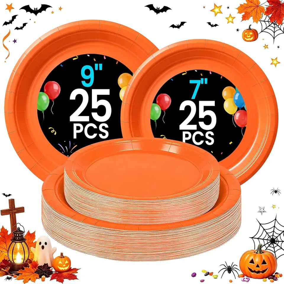 LANLISA Orange Paper Plates - Disposable Plates for Party, 25-9" & 25-7"